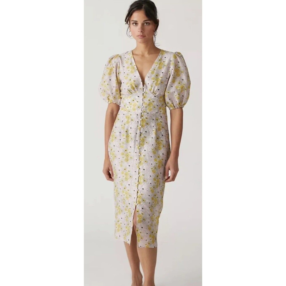 Mink Pink Dress Midi Mitta Linen Button Down Floral Preppy Vacay Retro Small New